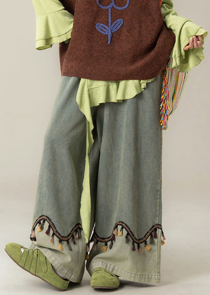 Vintage blaue Patchwork-Jeans mit Quasten, hohem Bund und weitem Bein, Frühling