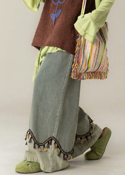 Vintage blaue Patchwork-Jeans mit Quasten, hohem Bund und weitem Bein, Frühling