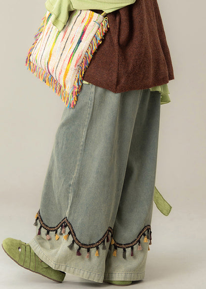 Vintage blaue Patchwork-Jeans mit Quasten, hohem Bund und weitem Bein, Frühling