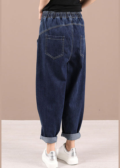 Vintage Blue Tie Waist Pockets Fall Patchwork Harem Pants