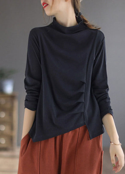 Vintage Blue Turtleneck asymmetrical design Patchwork Fall Tops