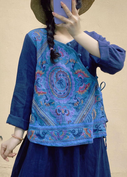 Vintage Blue V Neck Patchwork Linen tops Long Sleeve
