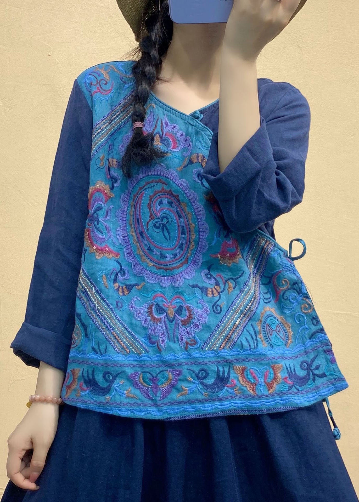 Vintage Blue V Neck Patchwork Linen tops Long Sleeve
