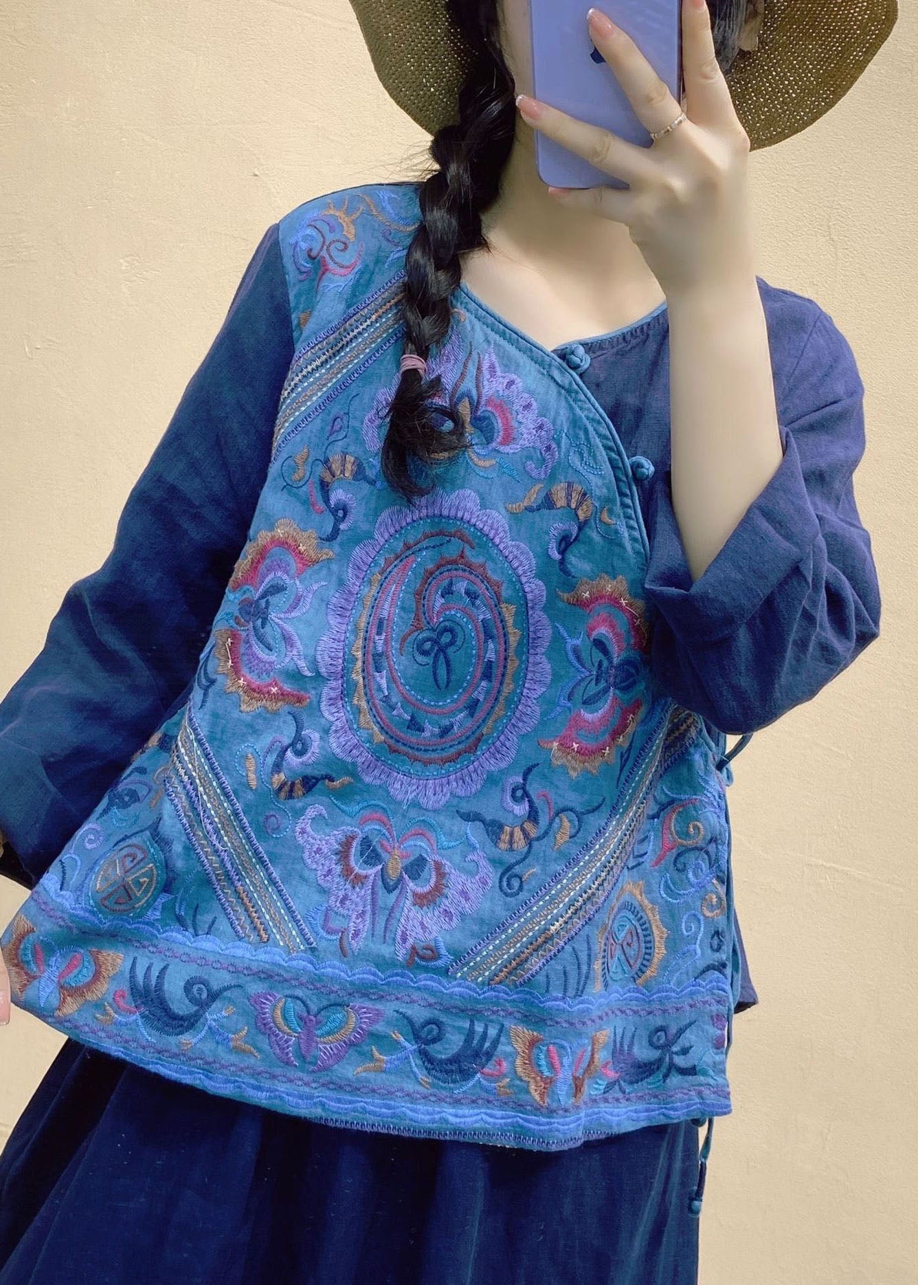 Vintage Blue V Neck Patchwork Linen tops Long Sleeve