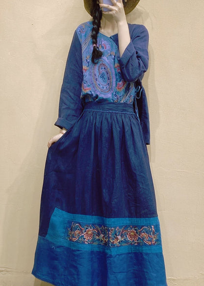 Vintage Blue V Neck Patchwork Linen tops Long Sleeve