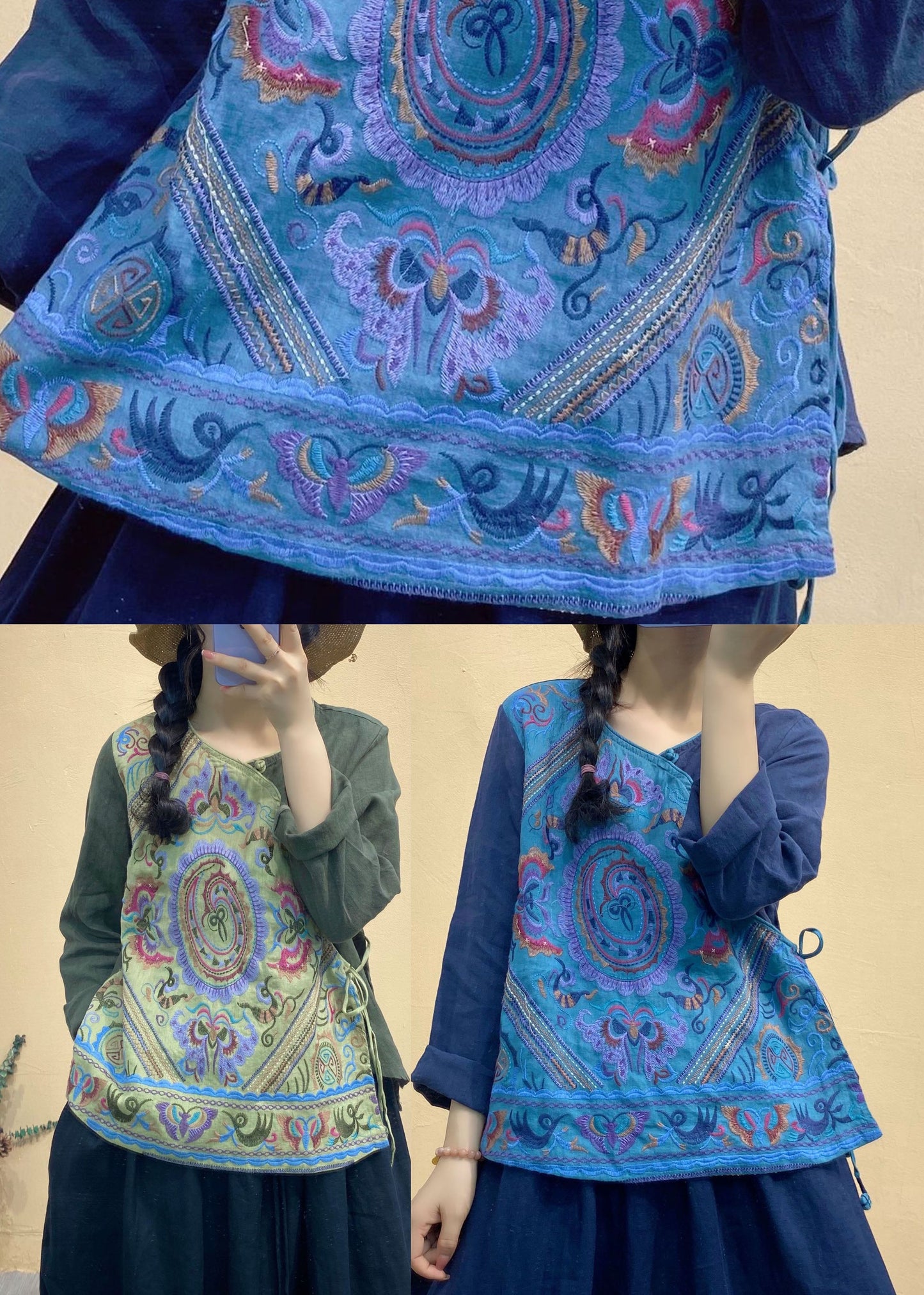 Vintage Blue V Neck Patchwork Linen tops Long Sleeve