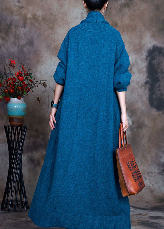 Vintage Blue V Neck Pockets Fall Knit Cardigan