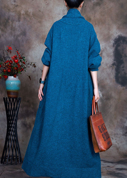 Vintage Blue V Neck Pockets Fall Knit Cardigan