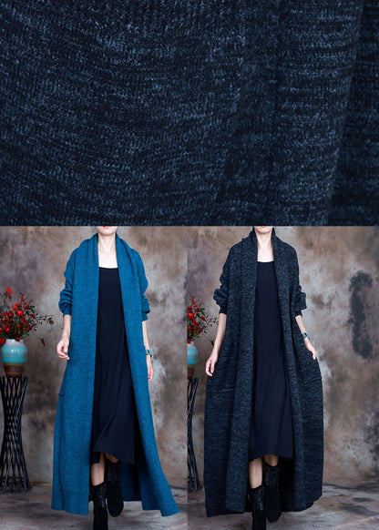 Vintage Blue V Neck Pockets Fall Knit Cardigan