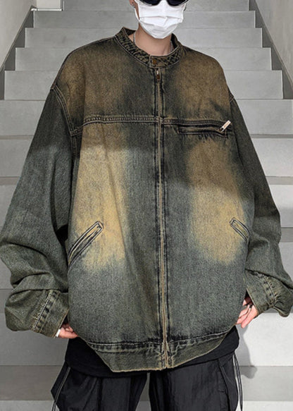 Vintage Blue Zippered Pockets Denim Men Coat Fall