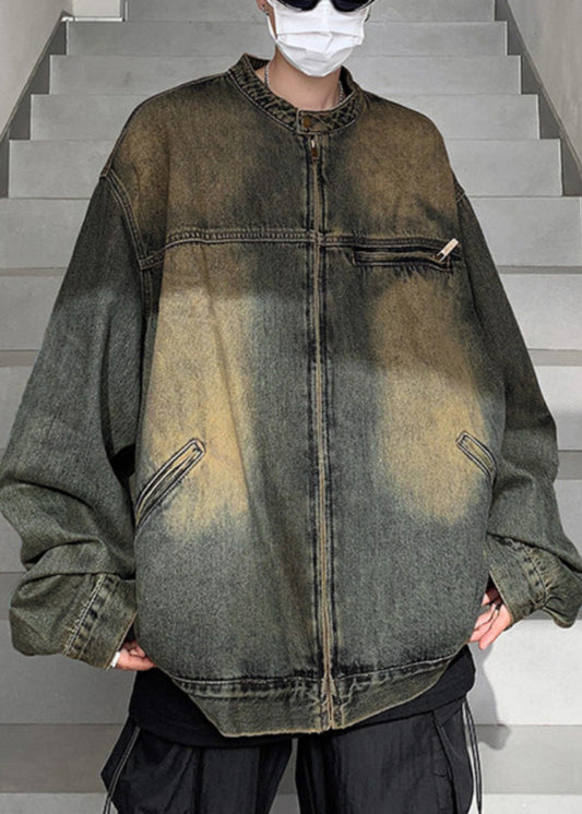 Vintage Blue Zippered Pockets Denim Men Coat Fall