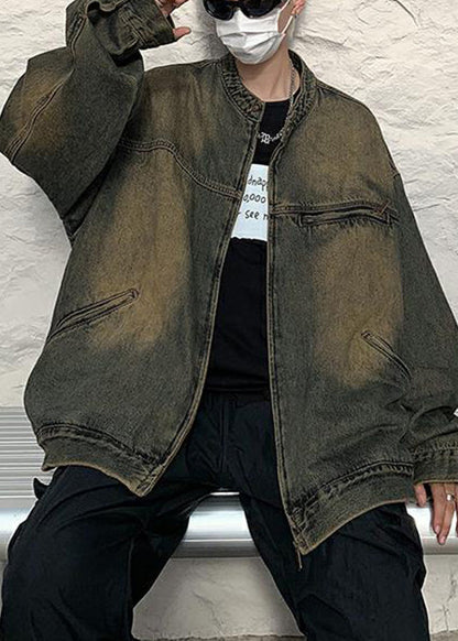 Vintage Blue Zippered Pockets Denim Men Coat Fall