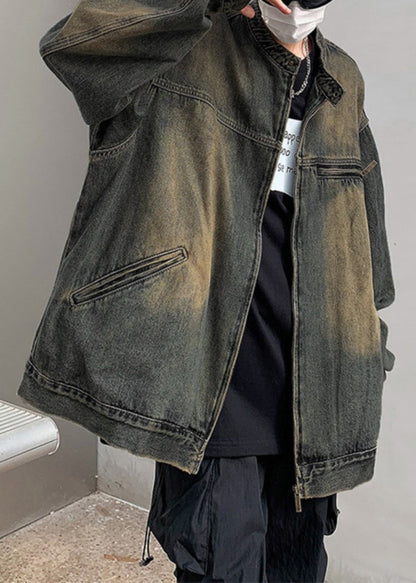 Vintage Blue Zippered Pockets Denim Men Coat Fall