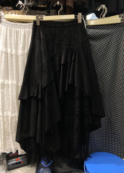 Vintage brauner asymmetrischer Patchwork-Rock aus Wildlederimitat für den Winter