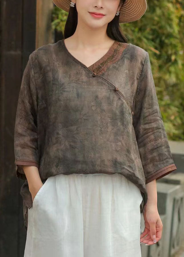 Pulsera de lino con estampado de botones chinos marrón vintage y patchwork con mangas