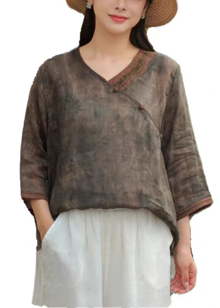 Pulsera de lino con estampado de botones chinos marrón vintage y patchwork con mangas