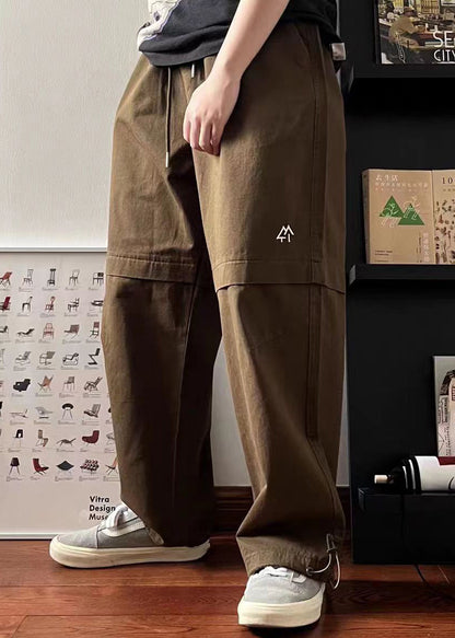 Vintage Brown Embroideried Elastic Waist Cotton Mens Pants Summer