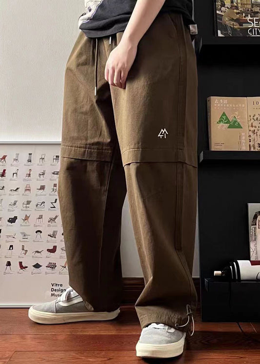 Vintage Brown Embroideried Elastic Waist Cotton Mens Pants Summer