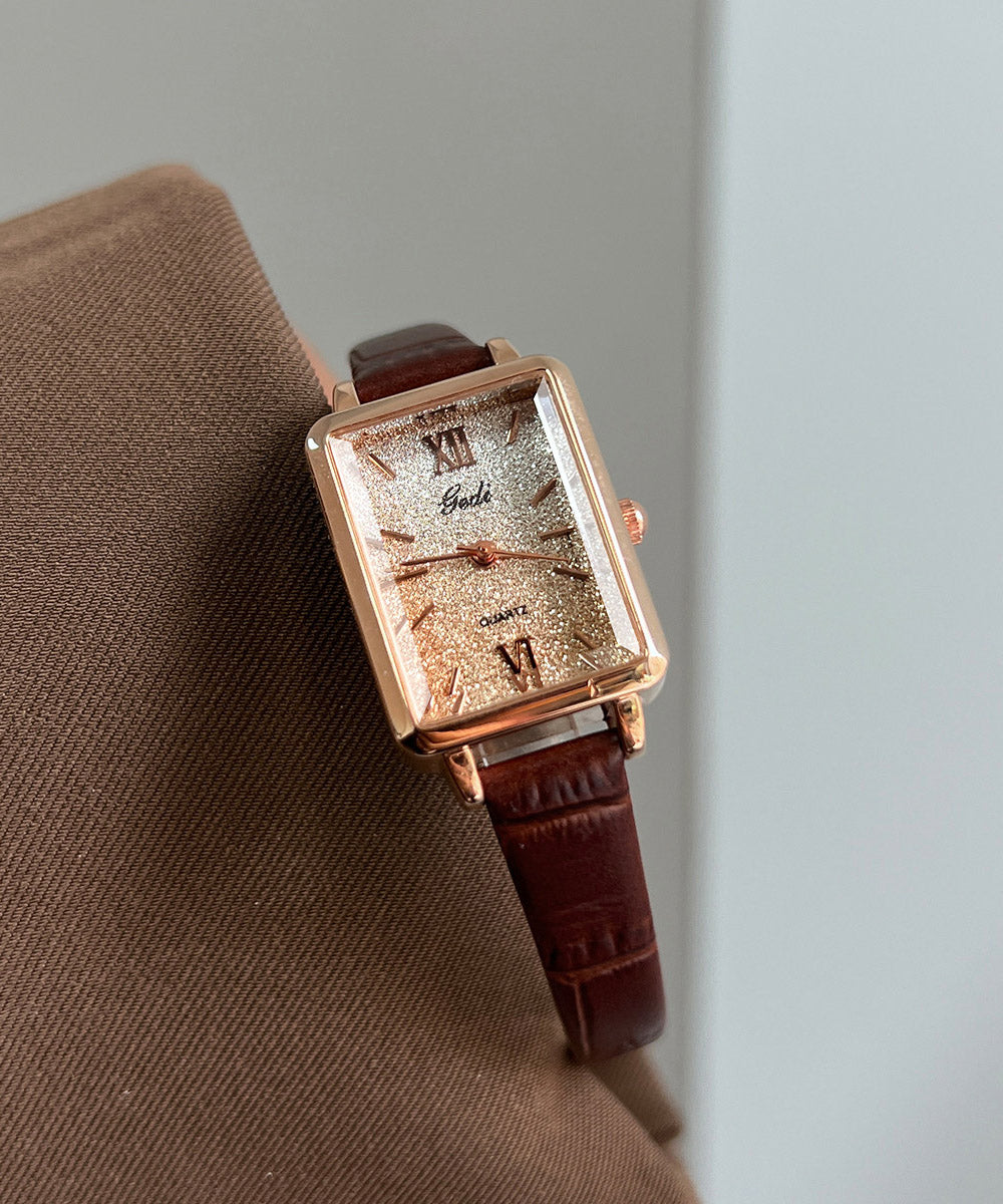Vintage Brown Leather Zircon Square Watches