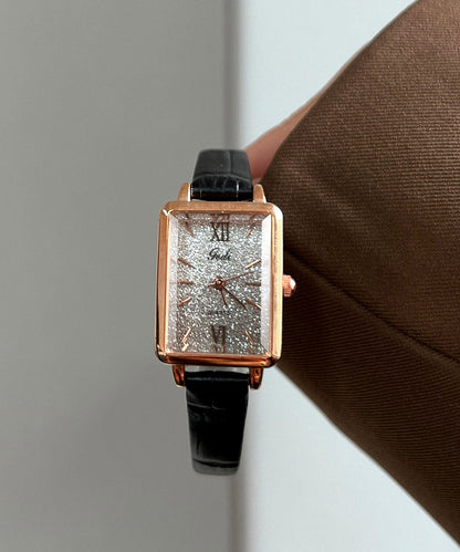 Vintage Brown Leather Zircon Square Watches