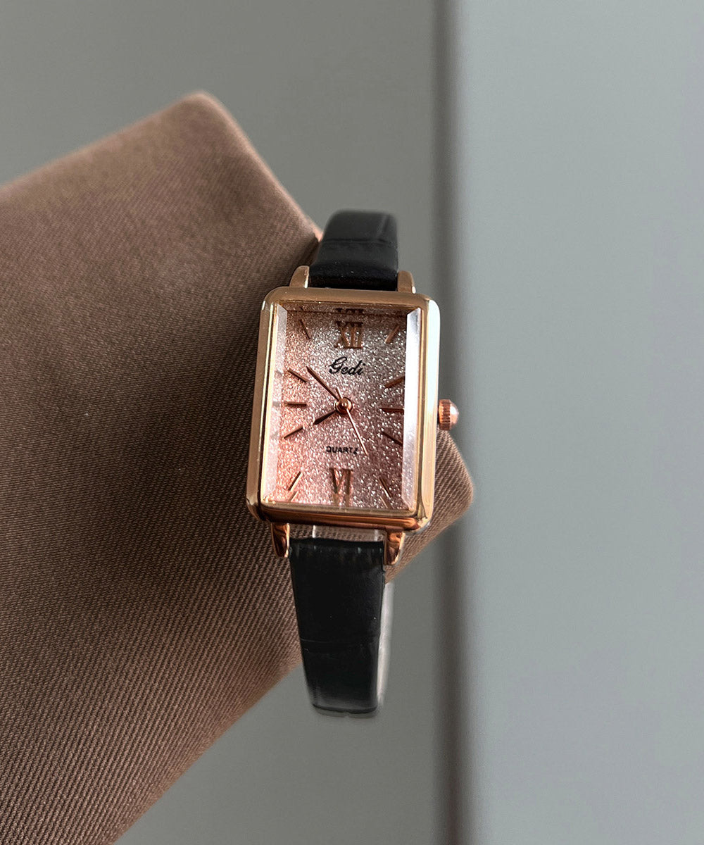Vintage Brown Leather Zircon Square Watches