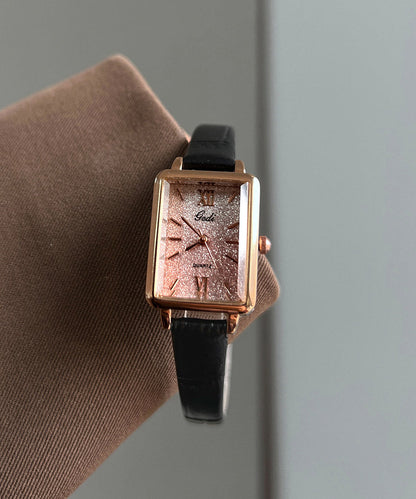 Vintage Brown Leather Zircon Square Watches