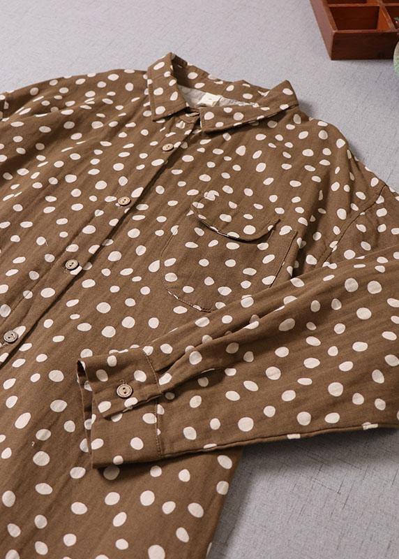 Vintage Brown Patchwork Pockets Button Fall Print Dress Long sleeve - SooLinen