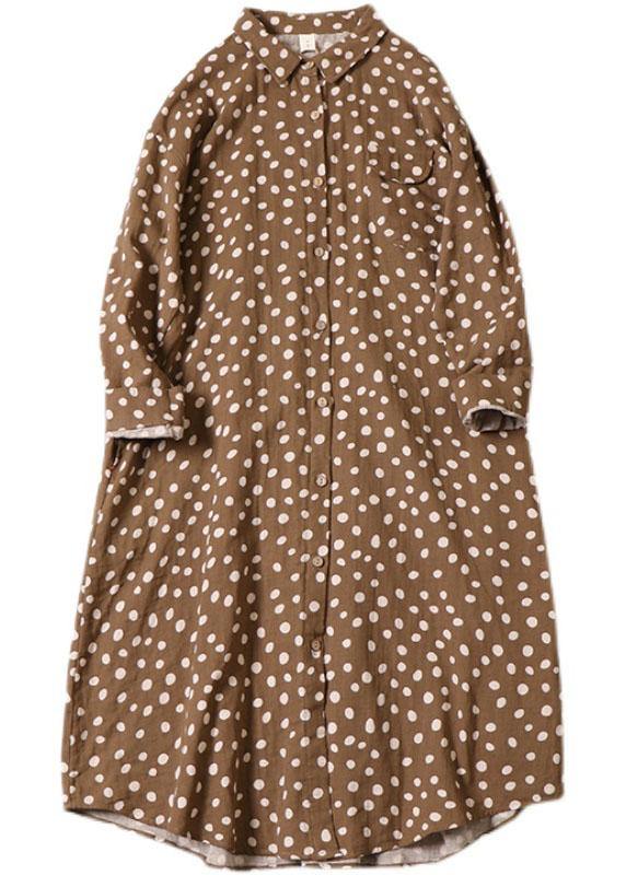 Vintage Brown Patchwork Pockets Button Fall Print Dress Long sleeve - SooLinen