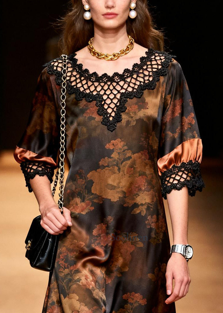 Vintage Brown Print Patchwork Hollow Out Silk Long Dress Summer