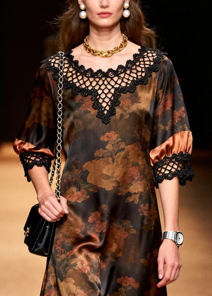 Vintage Brown Print Patchwork Hollow Out Silk Long Dress Summer