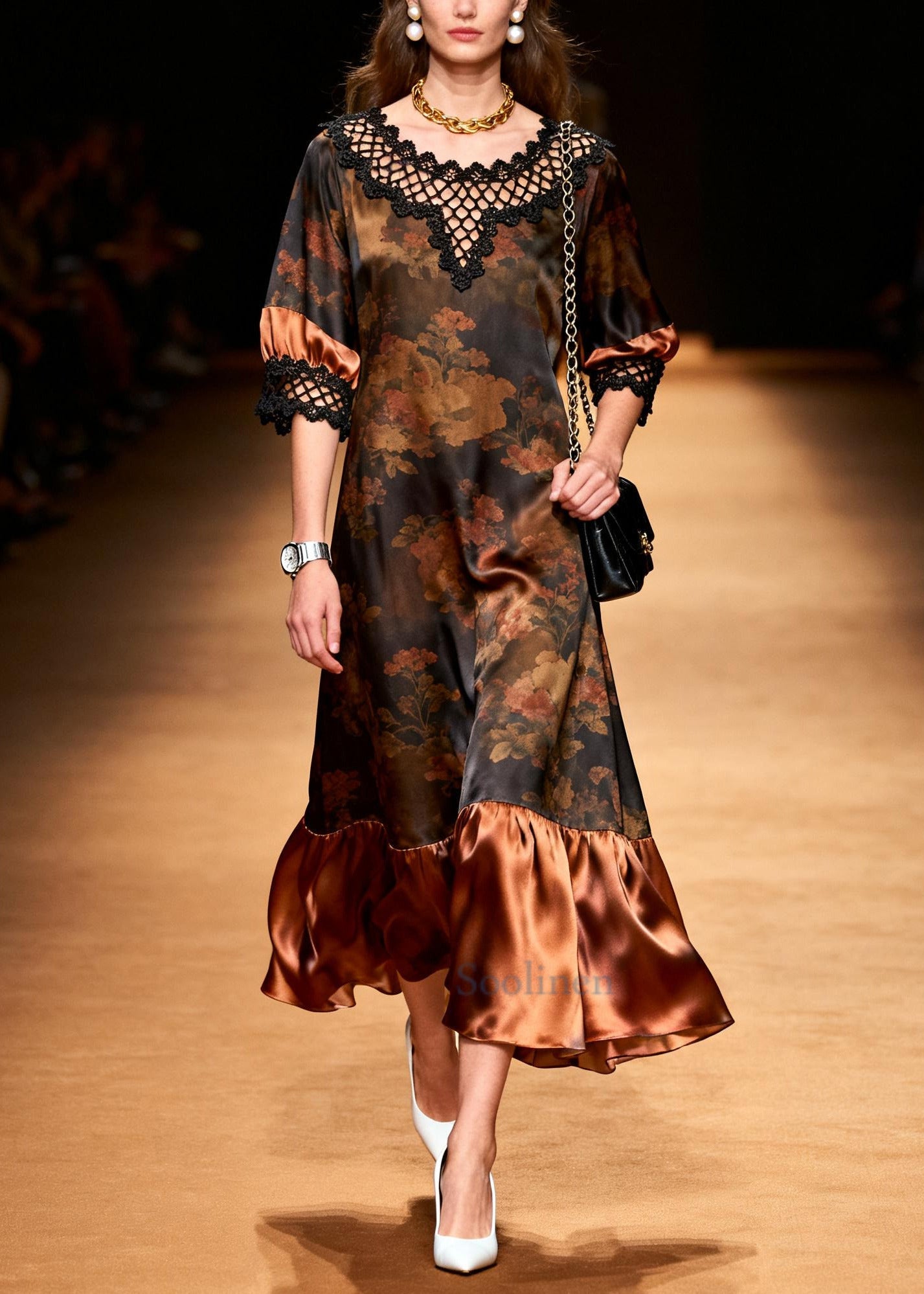 Vintage Brown Print Patchwork Hollow Out Silk Long Dress Summer