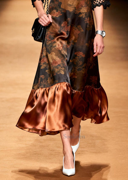 Vintage Brown Print Patchwork Hollow Out Silk Long Dress Summer