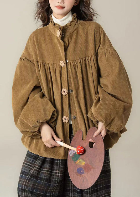 Vintage braune Parkas mit Stehkragen, Blumenmuster, Knöpfen, Cord und Baumwollfüllung