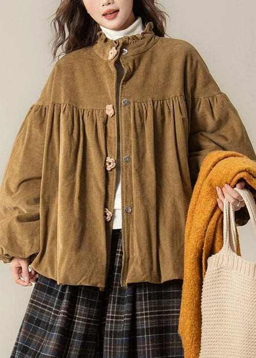 Vintage braune Parkas mit Stehkragen, Blumenmuster, Knöpfen, Cord und Baumwollfüllung