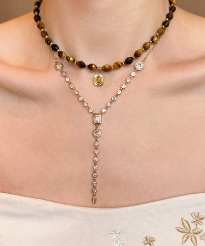 Vintage Brown Tiger's Eye Zircon Tassel Layering Titanium Steel Two Piece Set Necklace