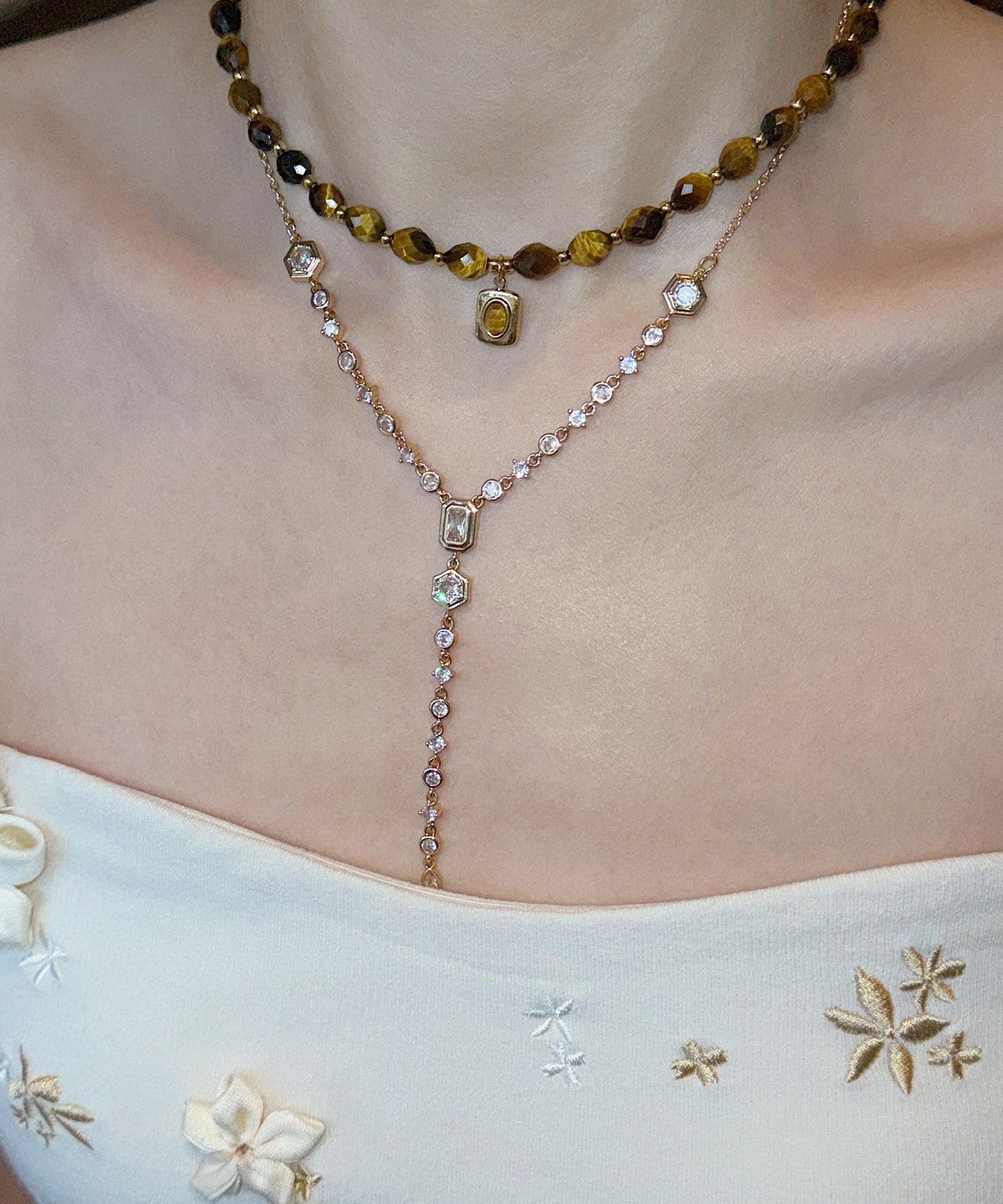 Vintage Brown Tiger's Eye Zircon Tassel Layering Titanium Steel Two Piece Set Necklace