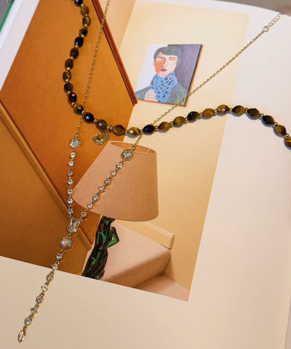 Vintage Brown Tiger's Eye Zircon Tassel Layering Titanium Steel Two Piece Set Necklace