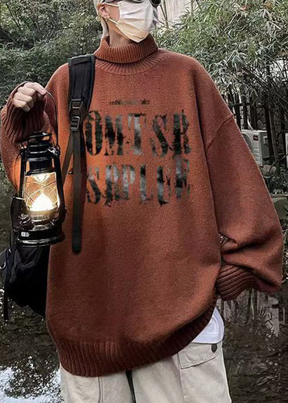 Vintage Brown Turtleneck Letter Knit Men Sweater Winter