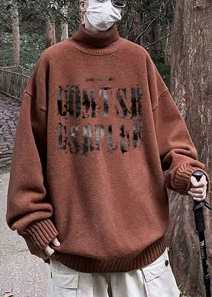 Vintage Brown Turtleneck Letter Knit Men Sweater Winter