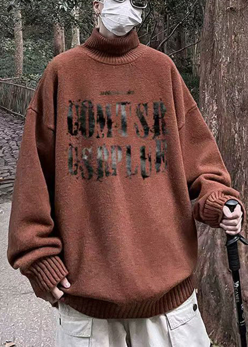 Vintage Brown Turtleneck Letter Knit Men Sweater Winter