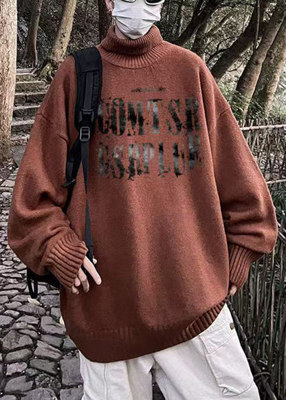 Vintage Brown Turtleneck Letter Knit Men Sweater Winter