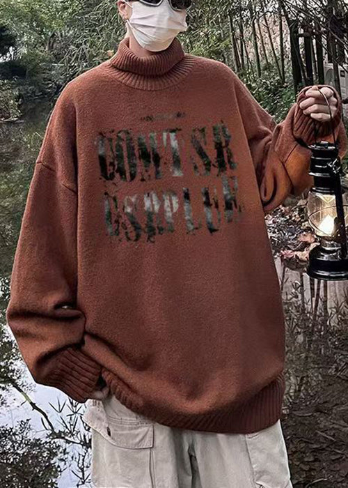 Vintage Brown Turtleneck Letter Knit Men Sweater Winter