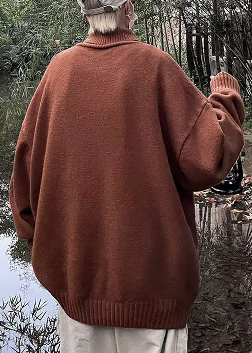 Vintage Brown Turtleneck Letter Knit Men Sweater Winter