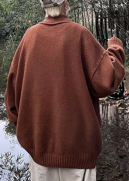 Vintage Brown Turtleneck Letter Knit Men Sweater Winter