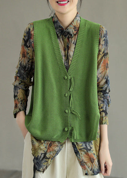 Vintage Braun V-Ausschnitt Knopf Quaste Patchwork Strickweste Ärmellos