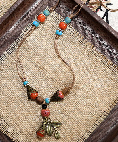 Vintage Brown Weave Ceramic Beading Pendant Necklace