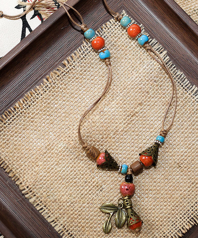 Vintage Brown Weave Ceramic Beading Pendant Necklace