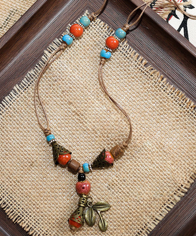 Vintage Brown Weave Ceramic Beading Pendant Necklace