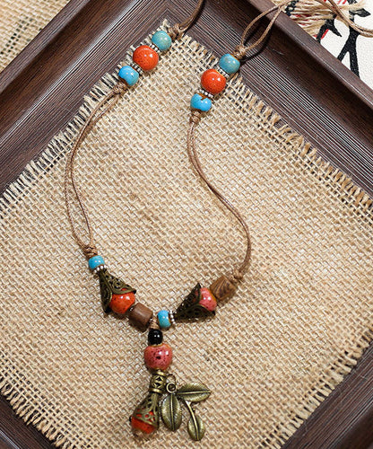 Vintage Brown Weave Ceramic Beading Pendant Necklace