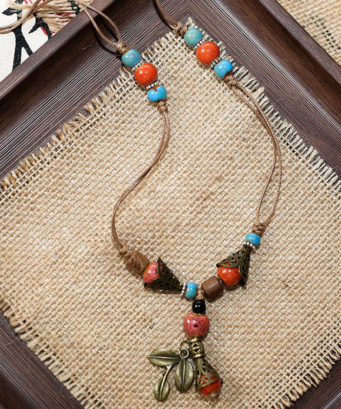 Vintage Brown Weave Ceramic Beading Pendant Necklace